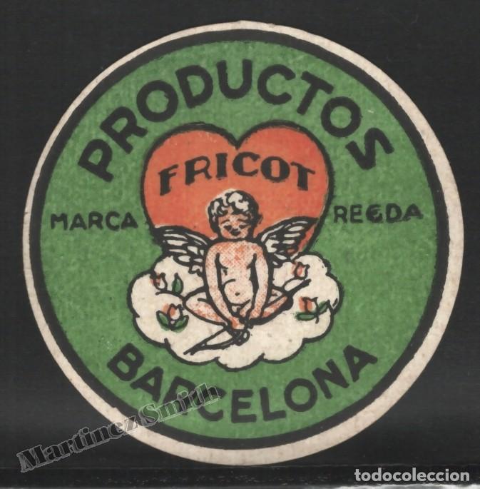 Old Labels: Antigua Etiqueta Circular Productos Fricot Marca Registrada Barcelona - 5,2 cm di&aacute;metro #LJM23