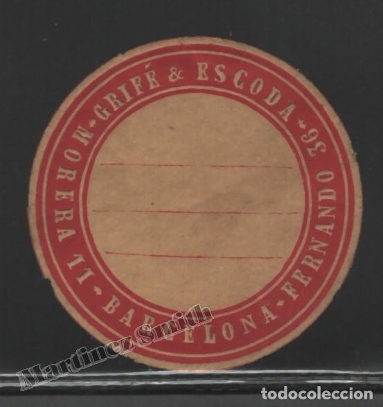 Old Labels: Etiqueta Circular Grif&eacute; & Escoda - Morera 11 Fernando 36 Barcelona - 4 cm - #LJM23