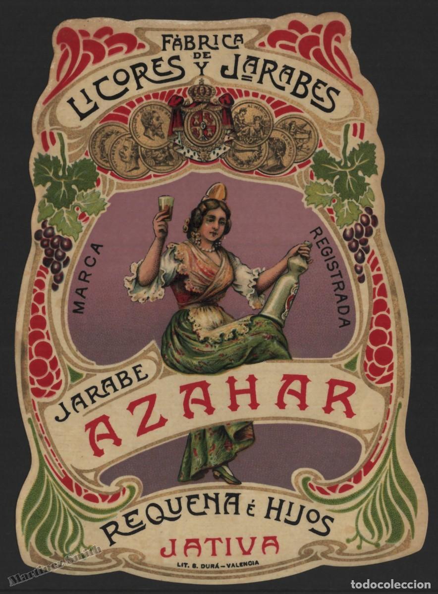 Etiquetas antigas: Etiqueta Licores y Jarabes Azahar- Requena e Hijos Jativa Valencia - 10,5 x 14,5 cm - #LJM23