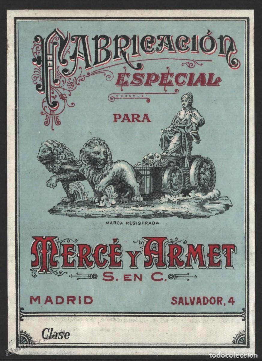 Old Labels: Etiqueta de Tejidos Fabricaci&oacute;n Especial Merc&eacute; y Armet - Madrid Cibeles - 9,7 x 13,5 cm - #LJM23
