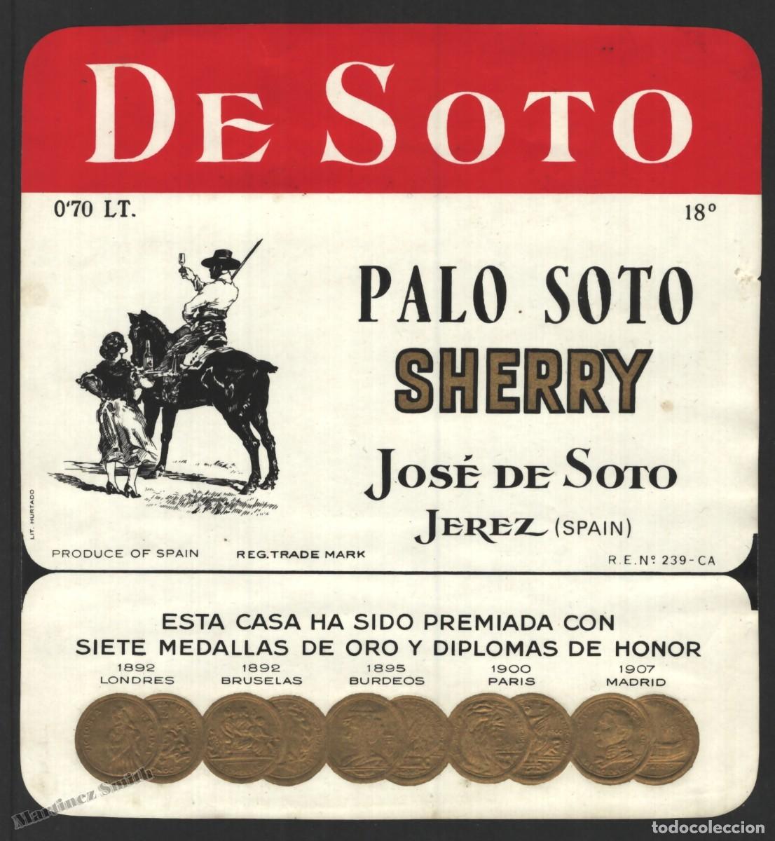 Old Labels: Etiqueta Palo Soto Sherry - Medallas y Diplomas Honor Jerez de la Frontera - 9,2 x 11,7 cm - #LJM23