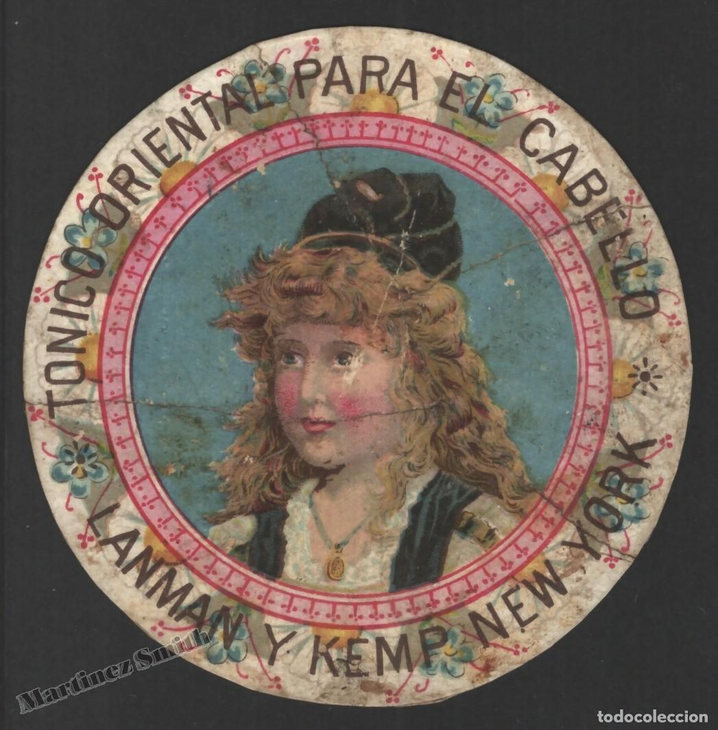 Old Labels: Antigua Etiqueta T&oacute;nico Oriental Cabello - Lanman y Kemp New York - 8,3 cm - #LJM23
