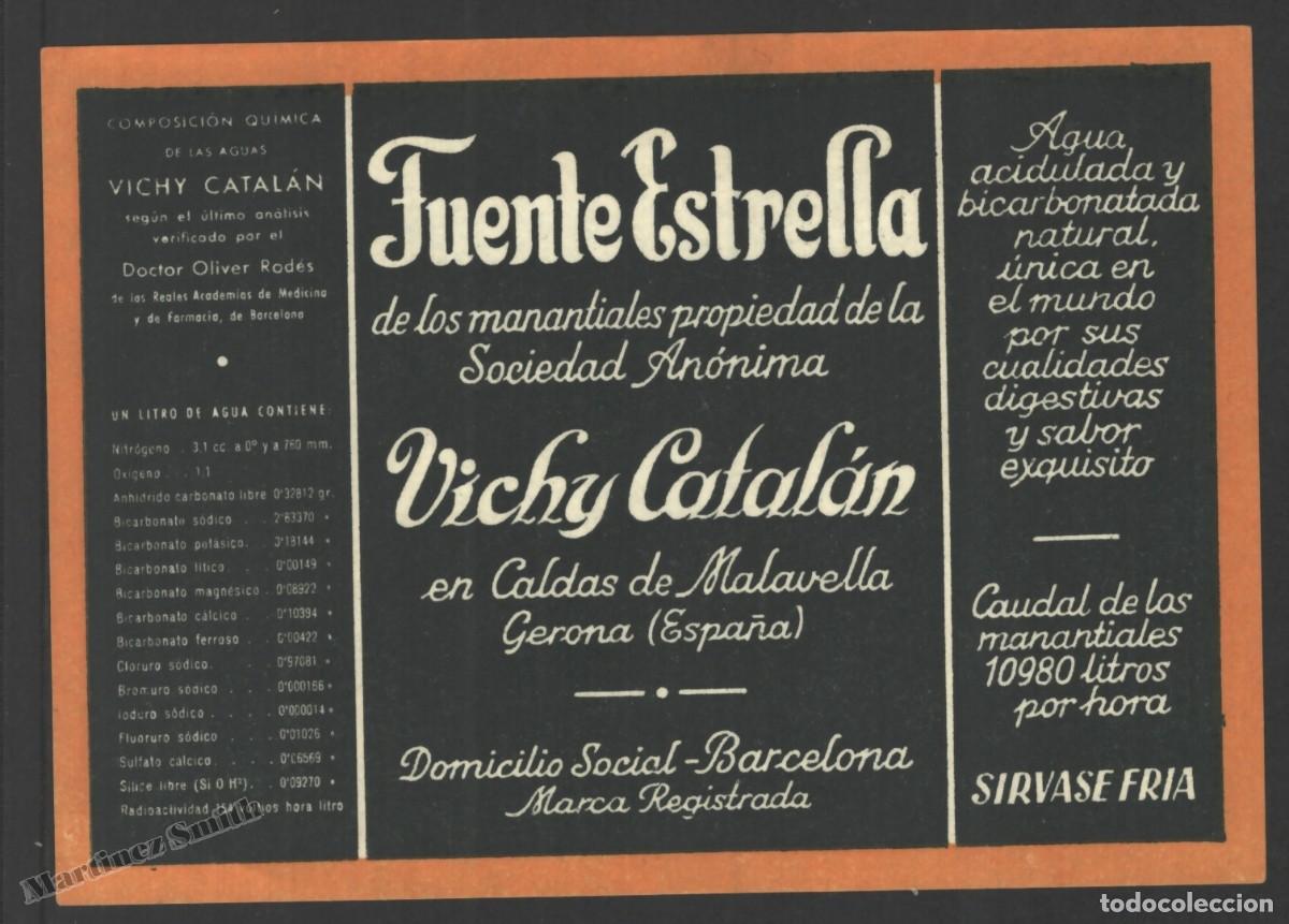 Old Labels: Antigua Etiqueta Fuente Estrella Vichy Catalan Caldas de Malavella - 12 x 8,5 cm - #LJM23