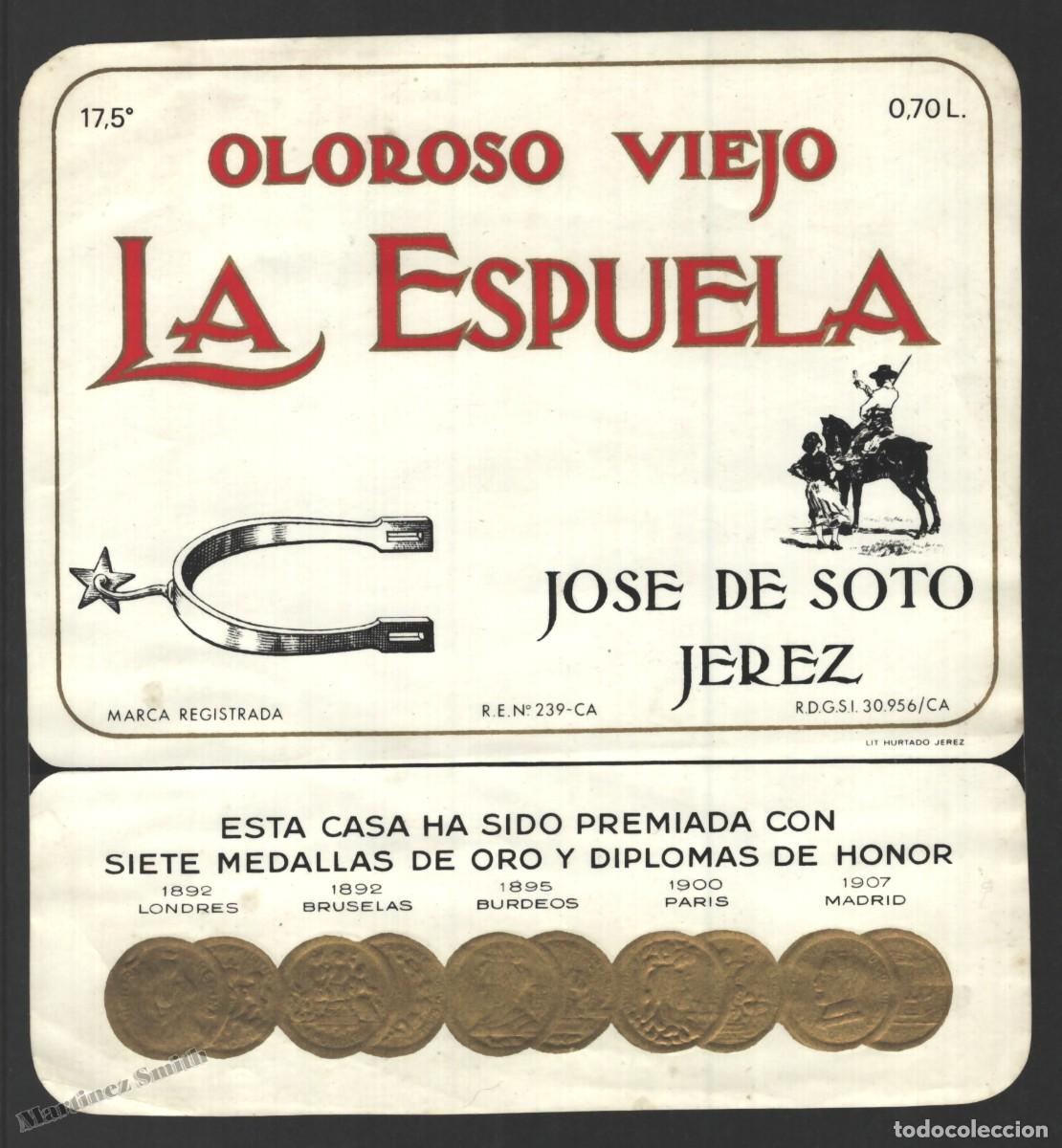 Old Labels: Etiqueta Oloroso Viejo La Espuela Jose de Soto Jerez - 12,5 x 13,4 cm - #LJM23