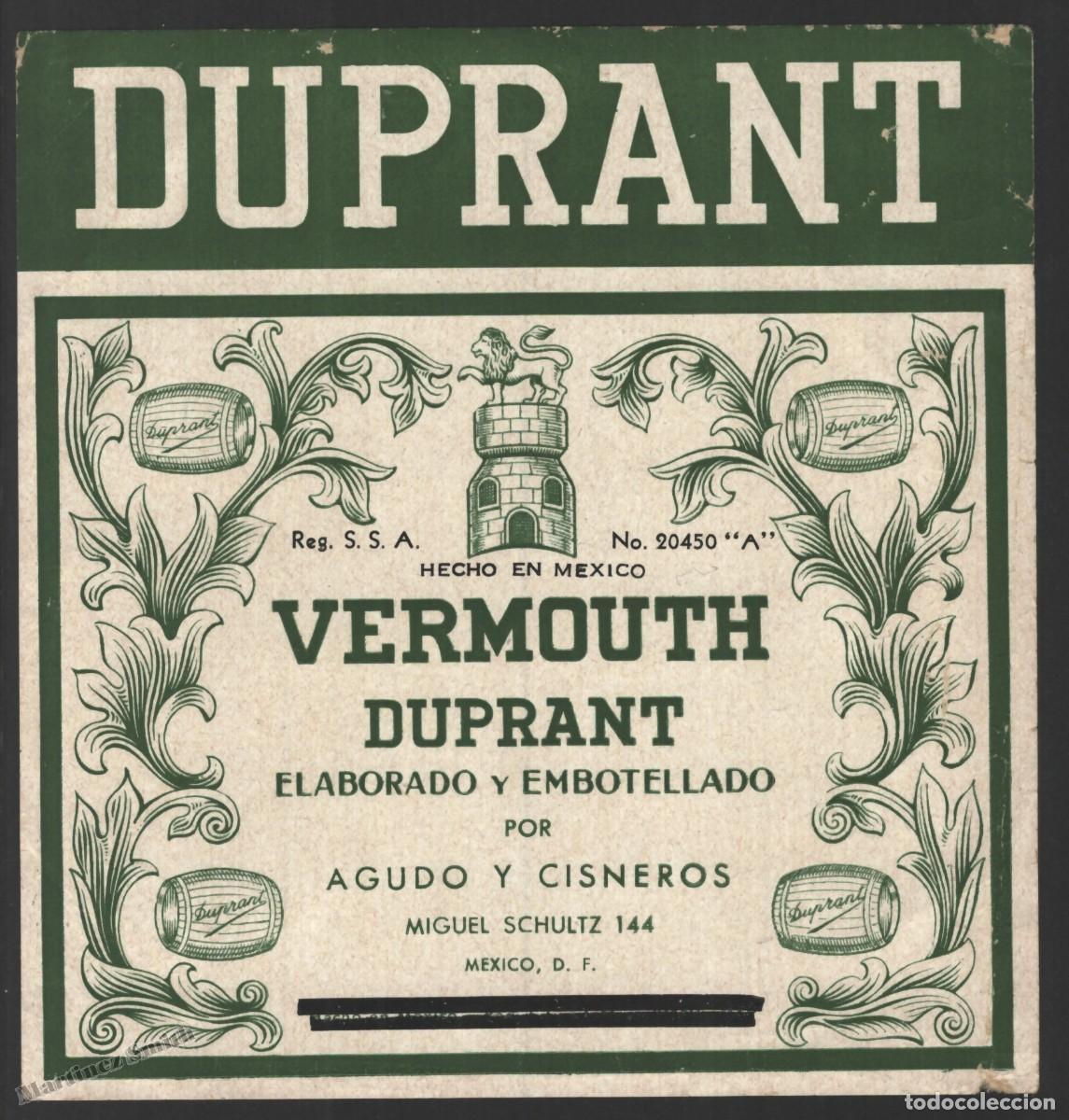 Etiquetas antiguas: Etiqueta Vermouth Duprant - Agudo & Cisneros - M&eacute;xico - 13,5 x 14,2 cm - #LJM23