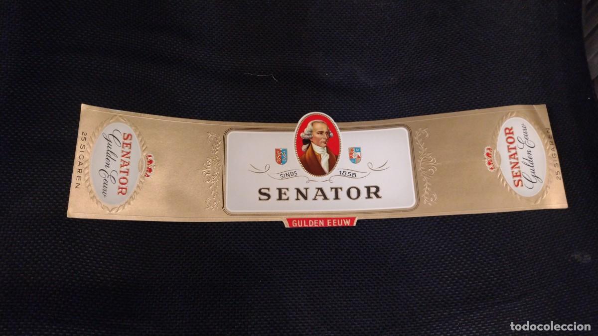 Old Labels: Etiqueta caja de 25 Cigarrillos Senator. Gulden Eeuw. 35 x 8 cm