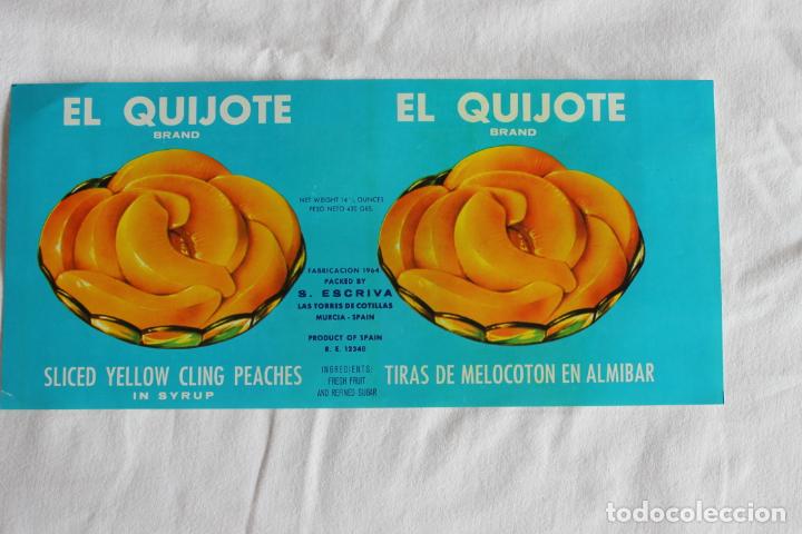 Etiquetas antiguas: ETIQUETA MELOCOTON EN ALMIBAR EL QUIJOTE S. ESCRIBA LAS TORRES DE COTILLAS MURCIA