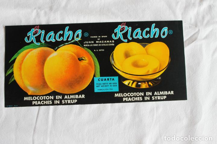 Etiquetas antiguas: ETIQUETA MELOCOTON EN ALMIBAR EL RIACHO JUAN MACANAS 1964 LAS TORRES DE COTILLAS MURCIA