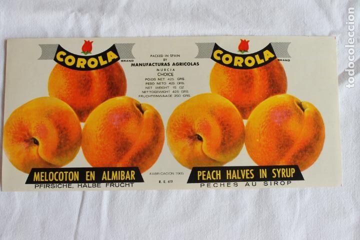 Etiquetas antiguas: ETIQUETA MELOCOTON EN ALMIBAR COROLA MANUFACTURAS AGRICOLAS MURCIA 1965