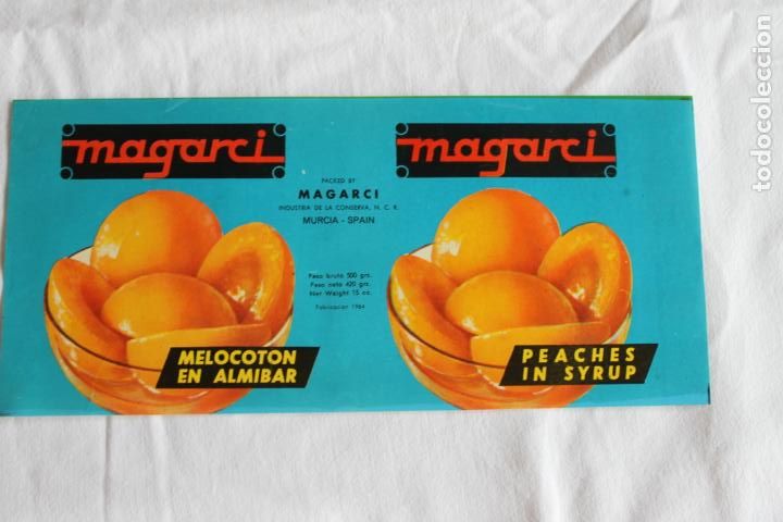 Etiquetas antiguas: MELOCOTON EN ALMIBAR MAGARCI INDUSTRIA DE LA CONSERVA MURCIA 1964