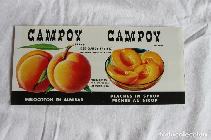 Etiquetas antiguas: MELOCOTON EN ALMIBAR CAMPOY JOSE CAMPOY RAMIREZ ARCHENA 1964