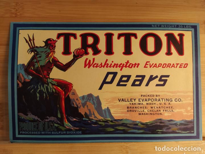 Etiquetas antiguas: TRITON-WASHINGTON EVAPORTADES PEARS-ETIQUETA ANTIGUA-VER FOTOS-(K-10.775)