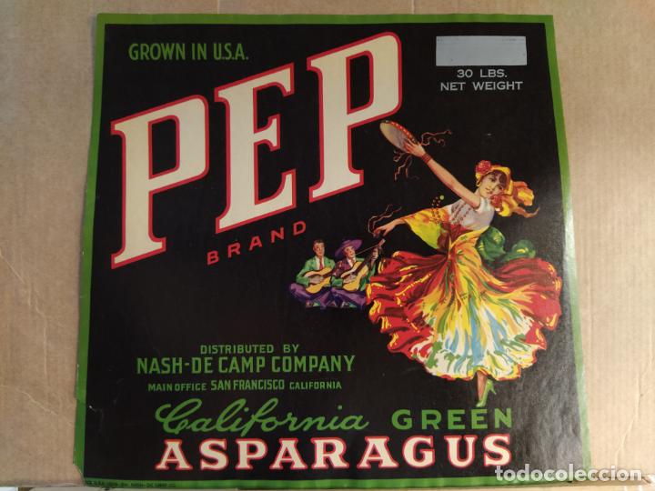 Etiquetas antiguas: ESPARRAGOS-PEP BRAND-CALIFORNIA GREEN ASPARRAGUS-ETIQUETA ANTIGUA-VER FOTOS-(V-24.528)