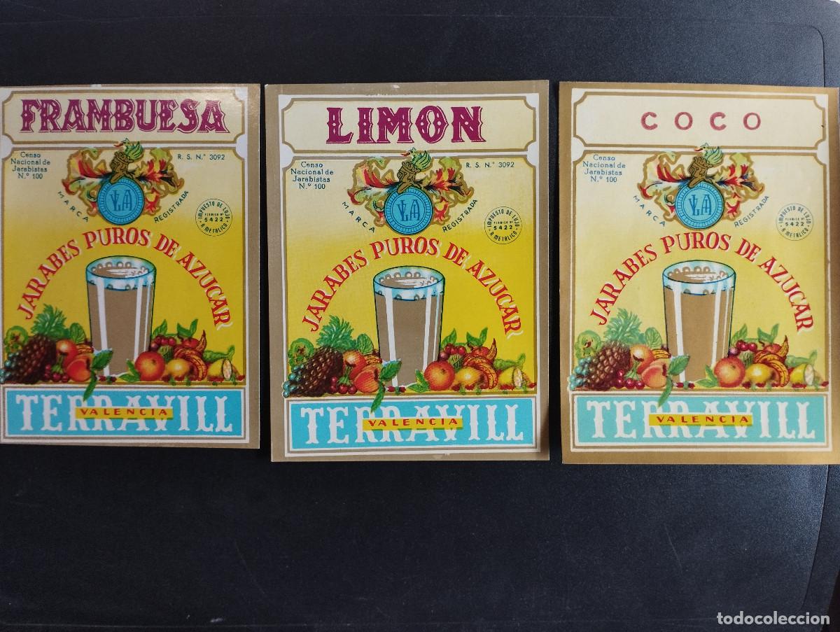 Etiquetas antiguas: 3 ETIQUETAS TERRAVILL VALENCIA JARABES CENSO NACIONAL DE JARABISTAS LIMON FRANBUESA COCO
