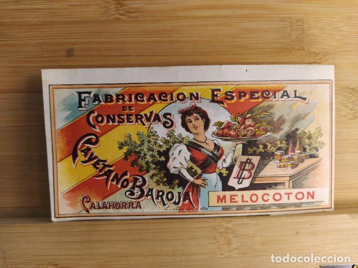Etiquetas antiguas: CALAHORRA-MELOCOTON-FABRICA DE CONSERVAS CAYETANO BAROJA-ETIQUETA ANTIGUA-VER FOTOS-(105.380)