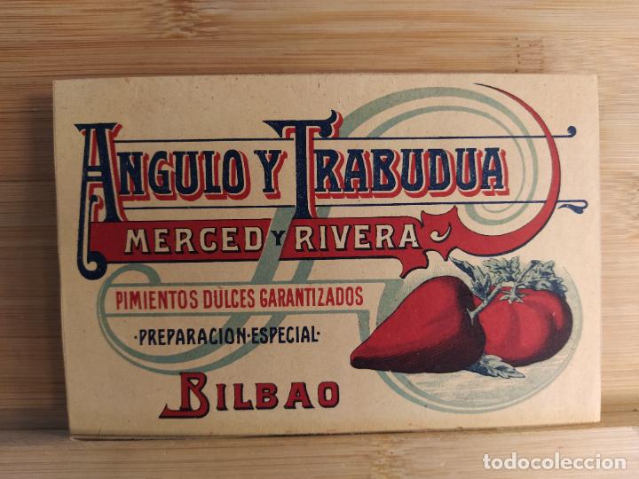 Etiquetas antiguas: PIMIENTOS DULCES-BILBAO-ANGULO Y TRABUDUA MERCED Y RIVERA-ETIQUETA ANTIGUA-VER FOTOS-(105.385)