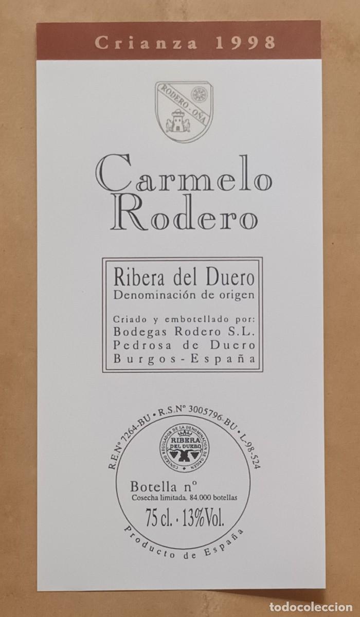 Etiquetas antiguas: ETIQUETA VINO CARMELO RODERO - CRIANZA 1998 - RIBERA DEL DUERO