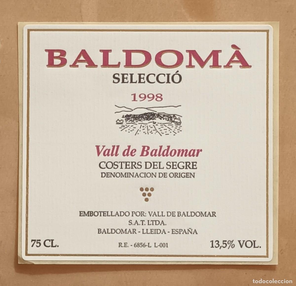 Etiquetas antiguas: ETIQUETA VINO BALDOM&Aacute; - SELECCI&Oacute; 1998 - VALL DE BALDOMAR - COSTERS DEL SEGRE