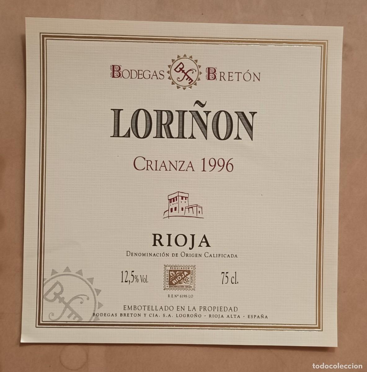Etiquetas antiguas: ETIQUETA VINO LORI&Ntilde;ON - CRIANZA 1996 - BODEGAS BRETON - RIOJA