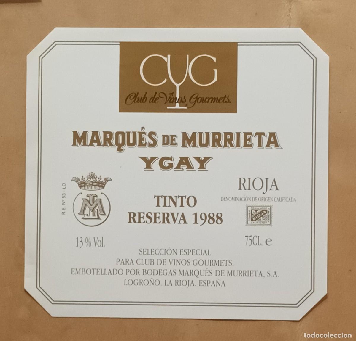 Etiquetas antiguas: ETIQUETA VINO MARQUES DE MURRIETA YGAY - TINTO RESERVA 1988 - RIOJA