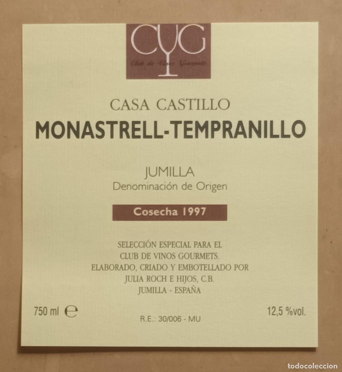 Etiquetas antiguas: ETIQUETA VINO CASA CASTILLO, MONASTRELL-TEMPRANILLO - JUMILLA
