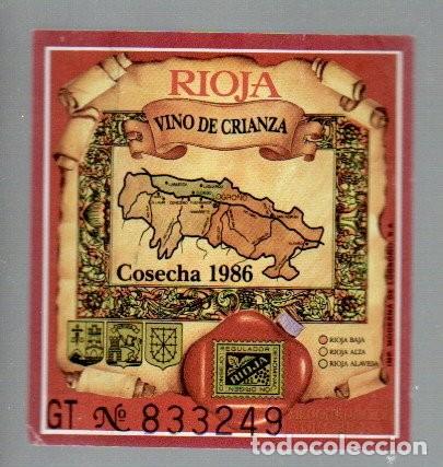 Etiquetas antiguas: ETIQUETA TRASERA, RIOJA - VINO DE CRIANZA, COSECHA 1986, 6 X 6,5 CM.