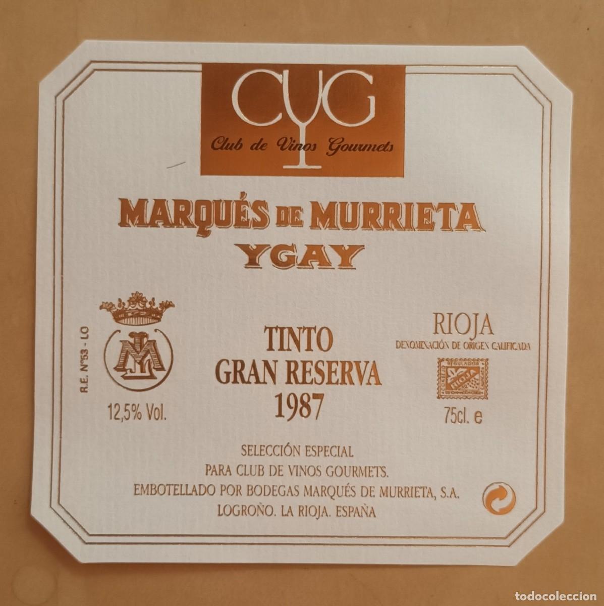 Etiquetas antiguas: ETIQUETA VINO MARQUES DE MURRIETA - YGAY - GRAN RESERVA 1987 - RIOJA
