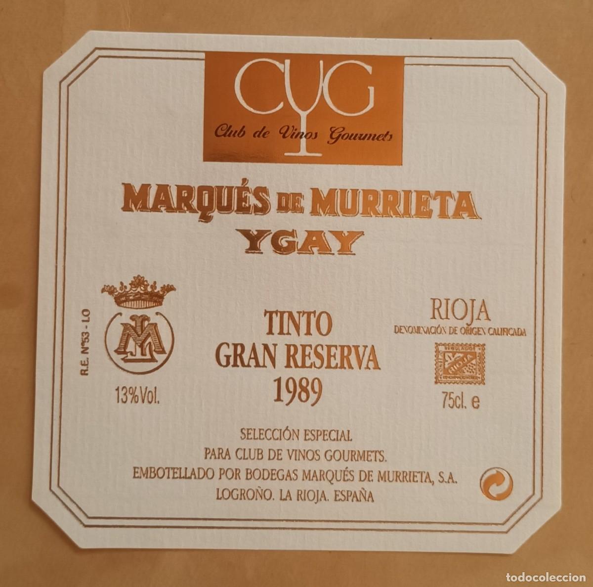 Etiquetas antiguas: ETIQUETA VINO MARQUES DE MURRIETA - YGAY - GRAN RESERVA 1989 - RIOJA