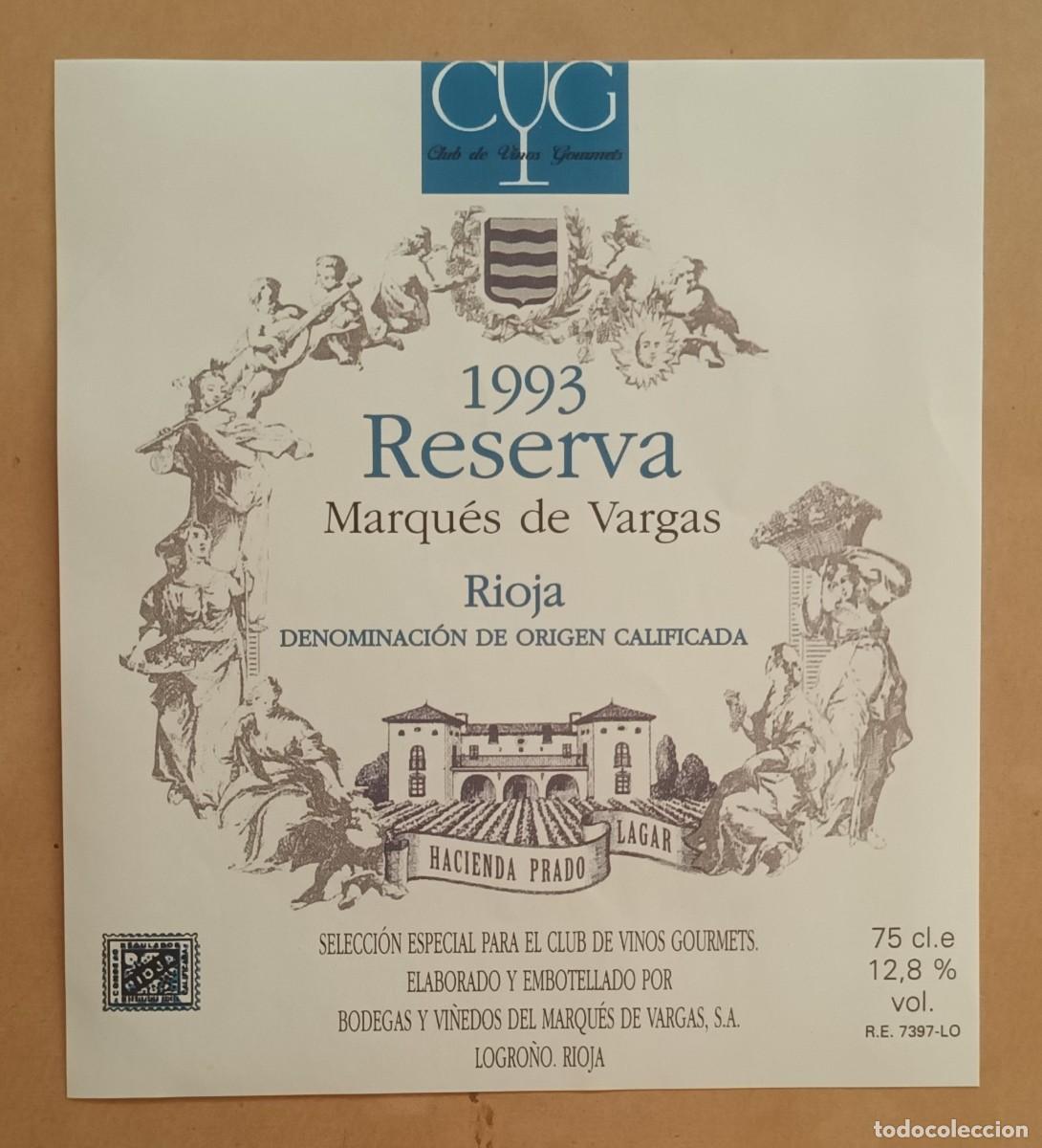 Etiquetas antiguas: ETIQUETA VINO MARQUES DE VARGAS - RESERVA 1993 - RIOJA