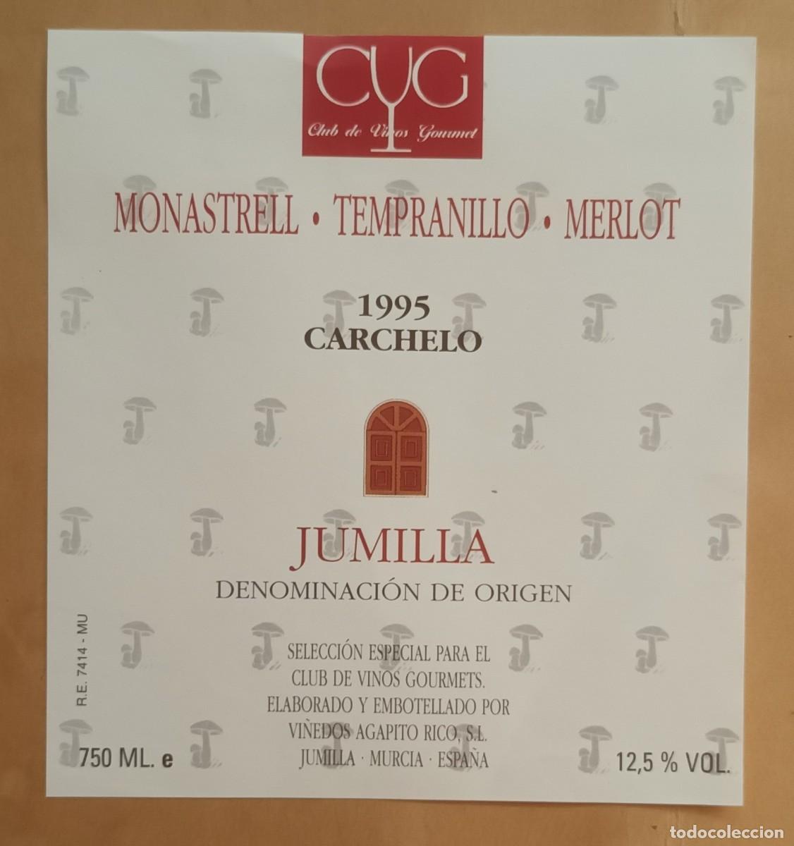 Etiquetas antiguas: ETIQUETA VINO CARCHELO 1995 - MONASTRELL, TEMPRANILLO, MERLOT - JUMILLA