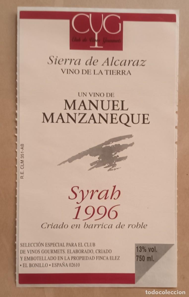 Etiquetas antiguas: ETIQUETA VINO SIERRA DE ALCARAZ 1996 - SYRAH - MANUEL MANZANEQUE