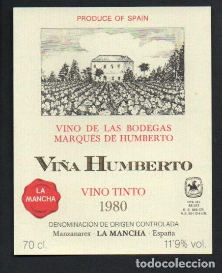 Etiquetas antiguas: ANTIGUA ETIQUETA, VI&Ntilde;A HUMBERTO, VINO TINTO 1980, MANZANARES - LA MANCHA. NUEVA.