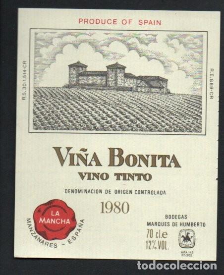 Etiquetas antiguas: ANTIGUA ETIQUETA, VI&Ntilde;A BONITA, VINO TINTO 1980, MARQUES DE HUMBERTO. MANZANARES - LA MANCHA. NUEVA.