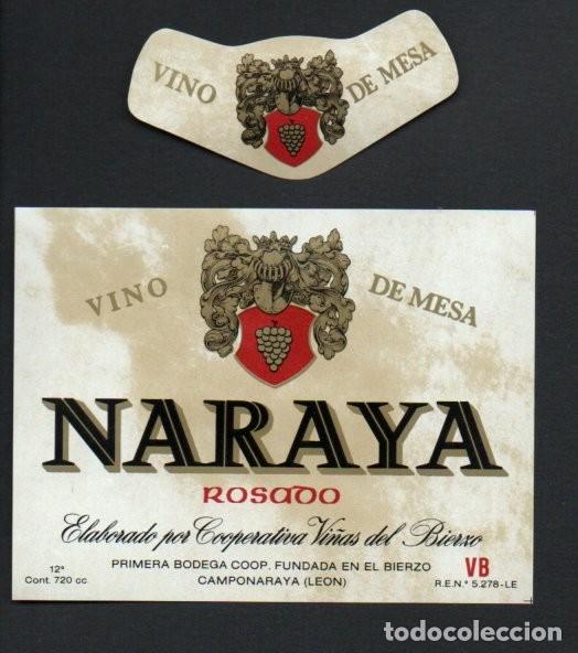 Etiquetas antiguas: ANTIGUA ETIQUETA Y COLLARIN, VINO DE MESA NARAYA ROSADO. COPERATIVA VI&Ntilde;AS DEL BIERZO (LEON) NUEVA.
