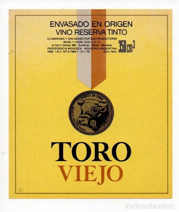Etiquetas antiguas: ANTIGUA ETIQUETA, TORO VIEJO. VINO RESERVA TINTO 350 CM3, INDUSTRIA ARGENTINA. 10,5 X 9 CM. NUEVA.