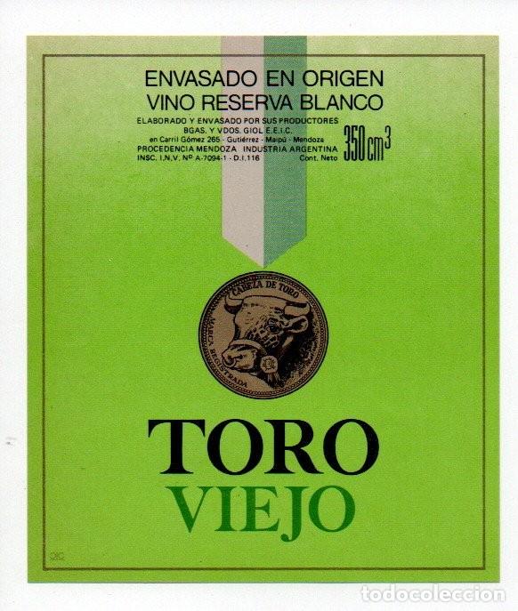 Etiquetas antiguas: ANTIGUA ETIQUETA, TORO VIEJO. VINO RESERVA BLANCO 350 CM3, INDUSTRIA ARGENTINA. 10,5 X 9 CM. NUEVA.