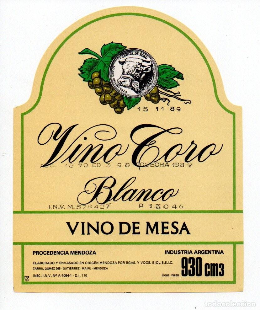 Etiquetas antiguas: ANTIGUA ETIQUETA VINO TORO BLANCO DE MESA 930 CM3. CABEZA DE TORO, COSECHA DEL 89