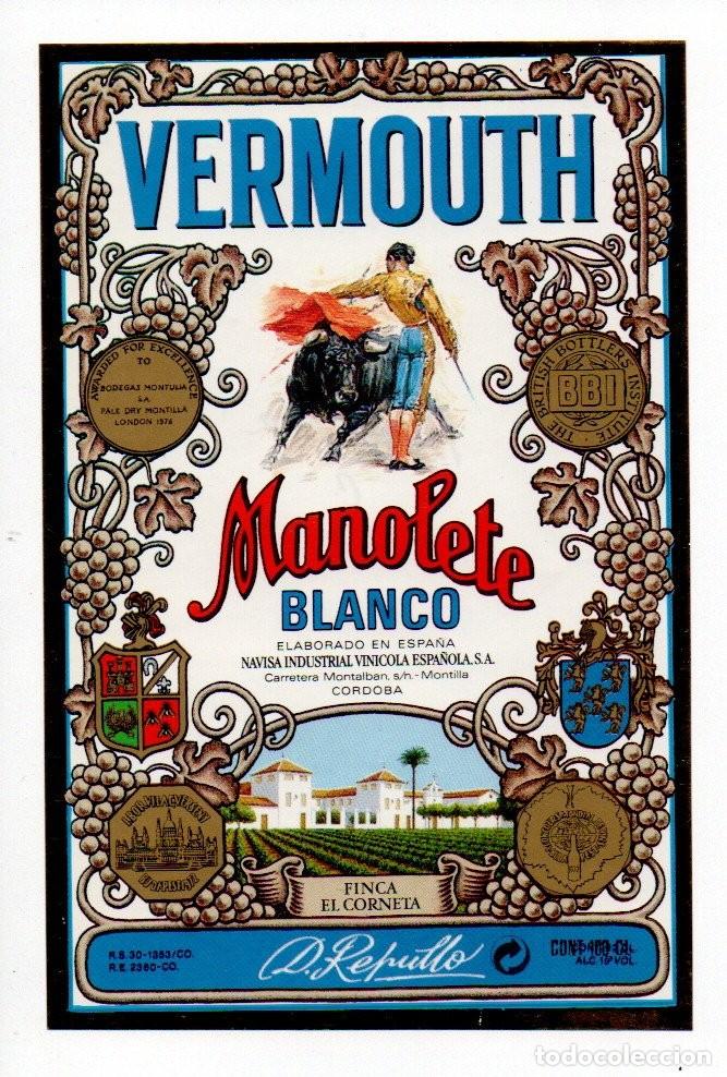 Etiquetas antiguas: ANTIGUA ETIQUETA, VERMOUTH MANOLETE BLANCO 100CL. NAVISA INDUSTRIAL - CORDOBA. FILOS DORADOS. NUEVA.