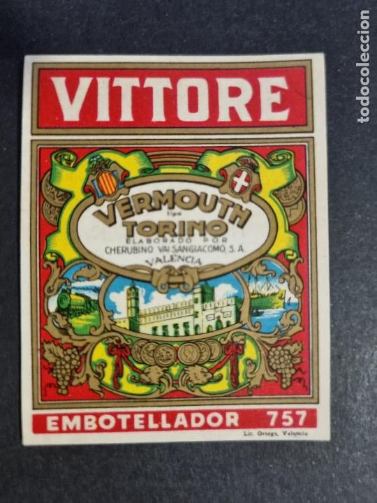 Old Labels: ANTIGUA ETIQUETA PEQUE&Ntilde;A VERMOUTH VITTORE TORINO CHERUBINO VALENCIA GRAO ORIGINAL ER 440