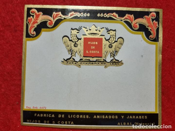 Old Labels: ANTIGUA ETIQUETA LICORES HOJOS DE S COSTA ANIS JARABES ALBAL VALENCIA ORIGINAL ER 487