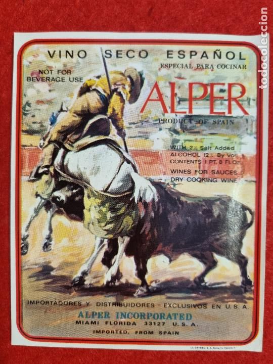 Etiquetas antiguas: ANTIGUA ETIQUETA VINO SECO ESPA&Ntilde;OL ALPER MIAMI FLORIDA USA TEMA TOROS ORIGINAL ER 533