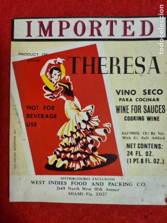 Etiquetas antiguas: ANTIGUA ETIQUETA VINO SECO THERESA PADRA COCINAR MIAMI FLORIDA USA ORIGINAL ER 586