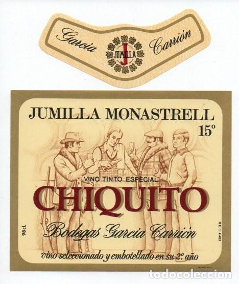 Etiquetas antiguas: ANTIGUA ETIQUETA Y COLLARIN, JUMILLA MONASRTRELL, VINO TINTO CHIQUITO 2&ordm; A&Ntilde;O. GARCIA CARRI&Oacute;N.