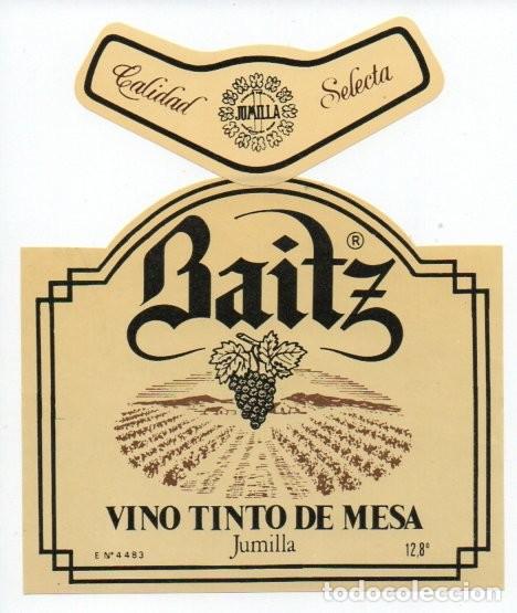 Etiquetas antiguas: ANTIGUA ETIQUETA Y COLLARIN, BAITZ VINO TINTO DE MESA - JUMILLA, CALIDAD SELECTA.