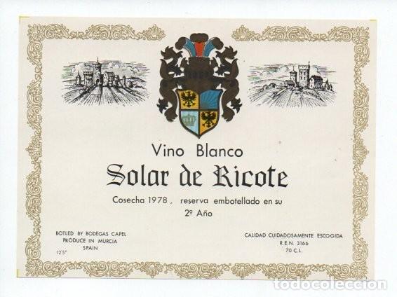 Etiquetas antiguas: ETIQUETA, SOLAR DE RICOTE, VINO BLANCO COSECHA 1978. BODEGAS CAPEL