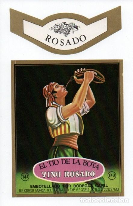 Etiquetas antiguas: ETIQUETA Y COLLARIN, EL TIO DE LA BOTA, VINO ROSADO. BODEGAS CAPEL