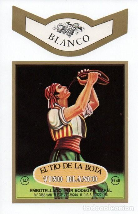 Etiquetas antiguas: ETIQUETA Y COLLARIN, EL TIO DE LA BOTA, VINO BLANCO. BODEGAS CAPEL