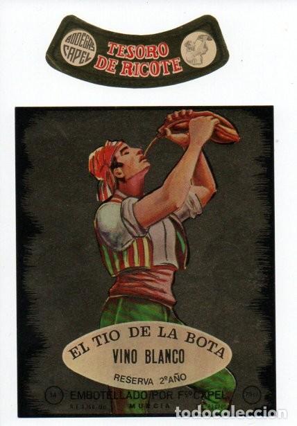 Etiquetas antiguas: ETIQUETA Y COLLARIN, EL TIO DE LA BOTA, VINO BLANCO RESERVA 2&ordm; A&Ntilde;O. BODEGAS CAPEL