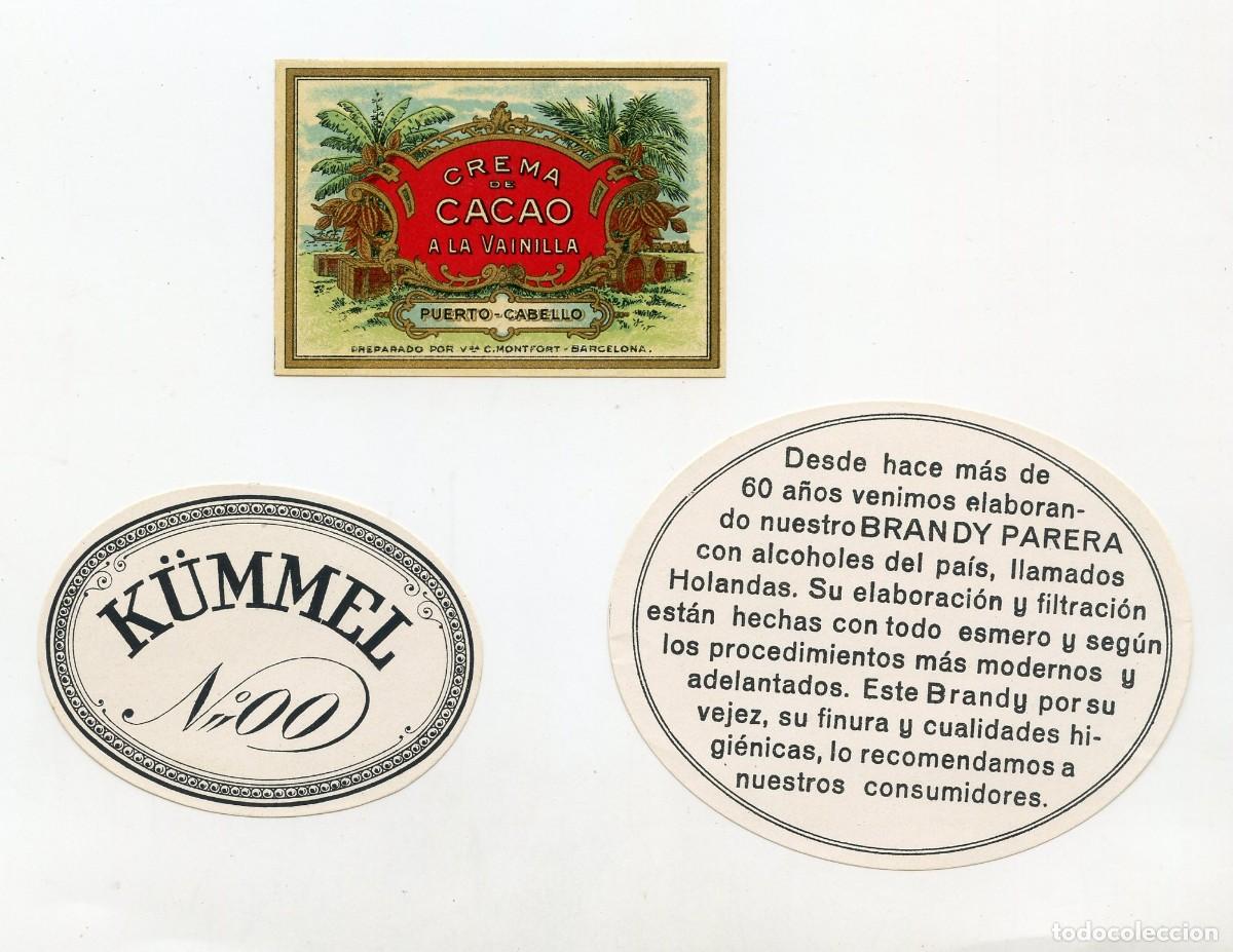 Etiquetas antiguas: 3 Antiguas etiquetas &rdquo;Crema de cacao a la vainilla&rdquo;, &rdquo;K&uuml;mmel&rdquo; y &rdquo;Brandy Parera&rdquo;, Barcelona