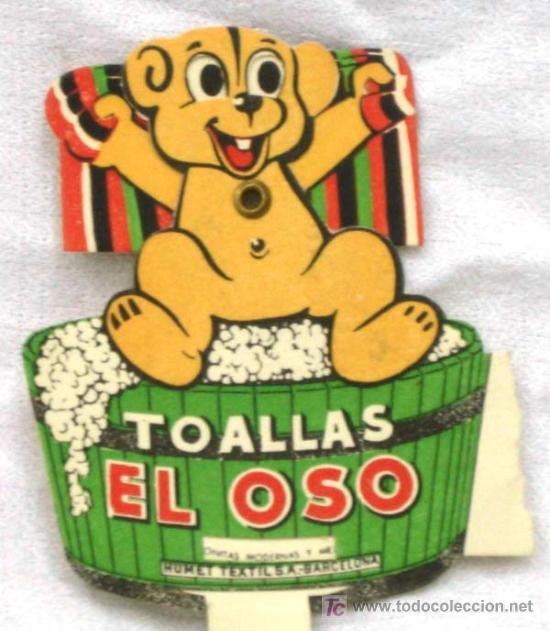 Old Labels: Etiqueta Publicidad Toallas el Oso color amarillo anaranjado Humet Textil Barcelona movimiento ojos